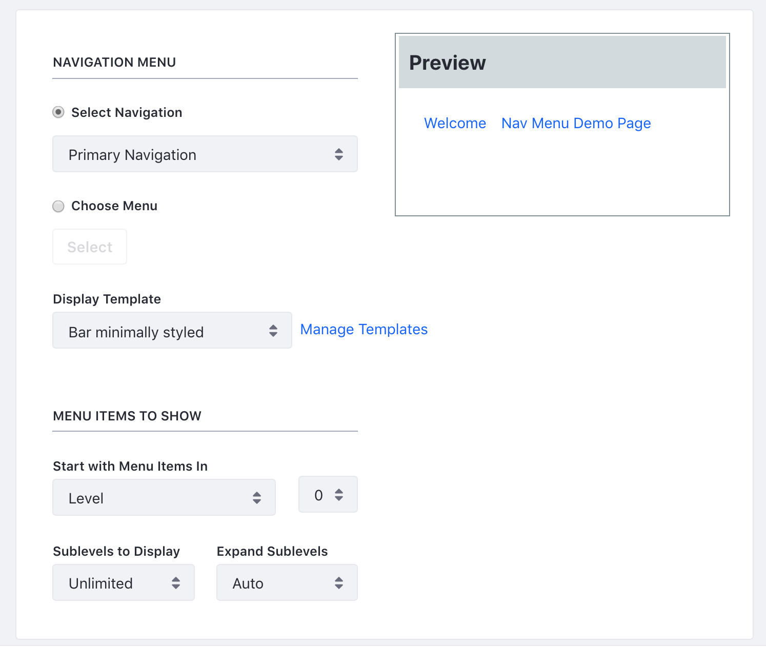 Figure 1: Configuring the Navigation Menu Widget.