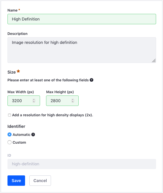Figure 2: The form for adding a new Adaptive Media resolution.