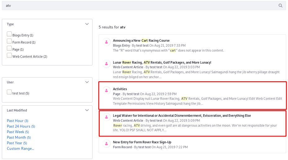 Figure 1: The Lunar Resort wants to tweak these results: pin the Activities page to the top, and hide the legal content entirely.