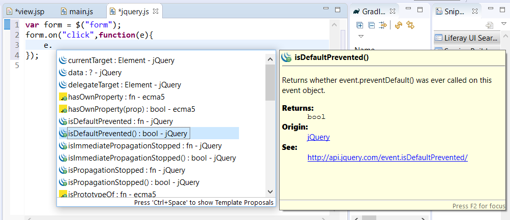 Figure 7: jQuery code assist also displays type information for parameters.