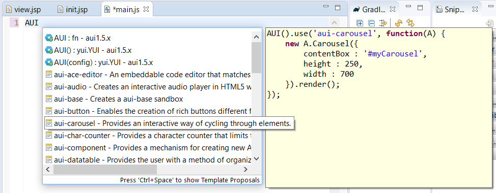 図3：Dev Studioを使って、JSおよびJSPエディタにあるAUIコードテンプレートにアクセスできます。