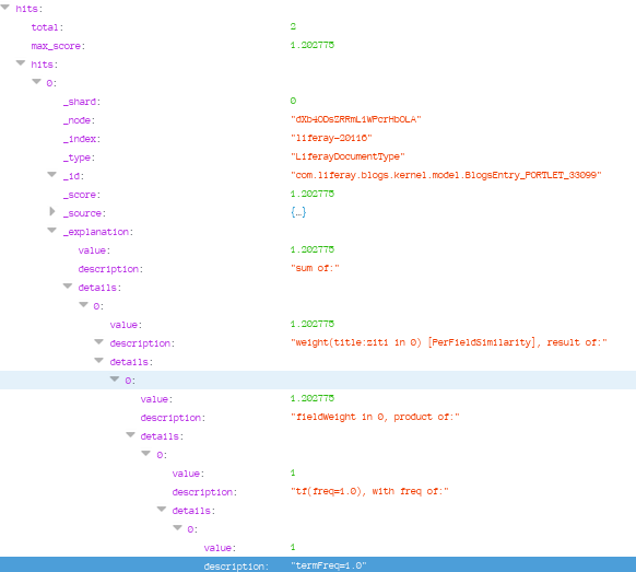 Figure 4: The scoring explanation of search results, displayed in JSON.