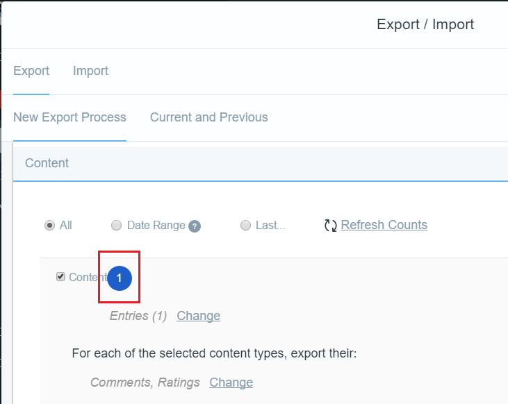 Figure 2: The number of modified Bookmarks entities are displayed in the Export UI.