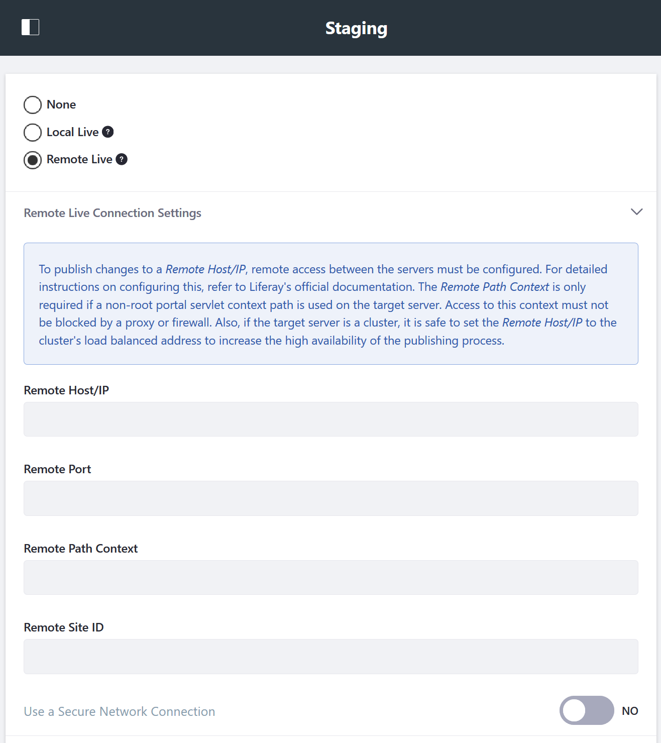 Figure 2: When selecting the Remote Staging radio button, youre given a list of options to configure.