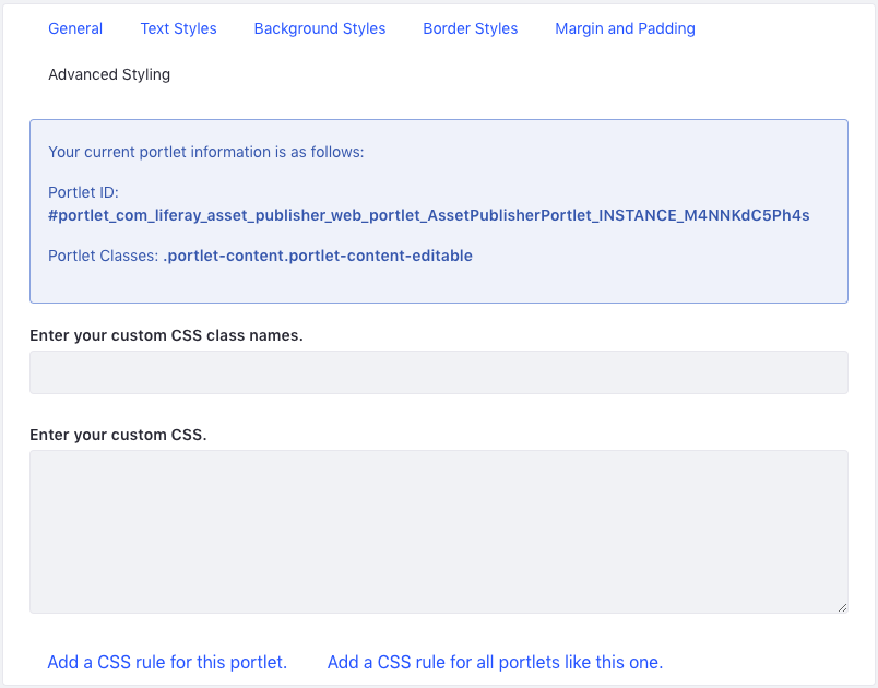Figure 6: The Advanced Styling tab displays your widgets Liferay ID and allows you to enter CSS code to customize the look and feel of your widget.