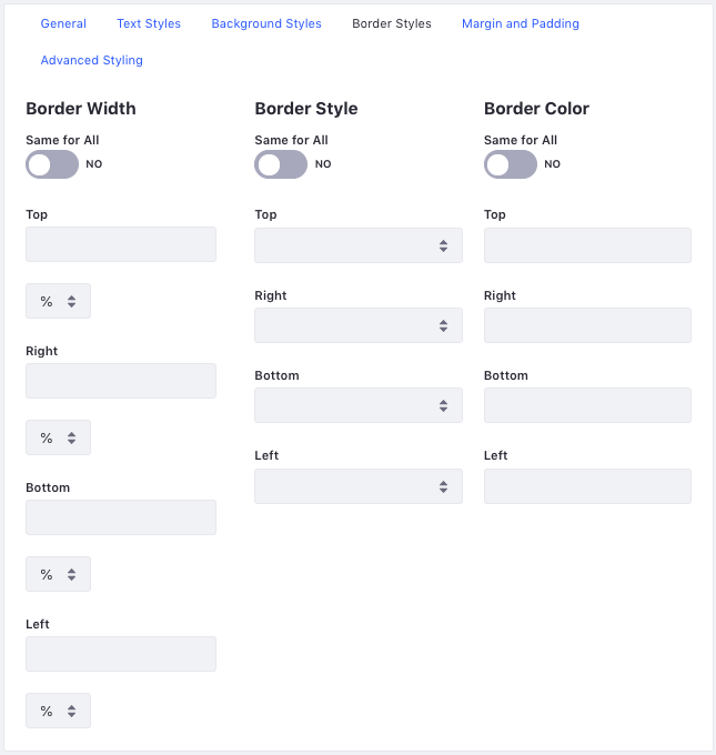 Figure 4: The Border Styles tab lets you specify a border width, style, and color for each side of the widget.