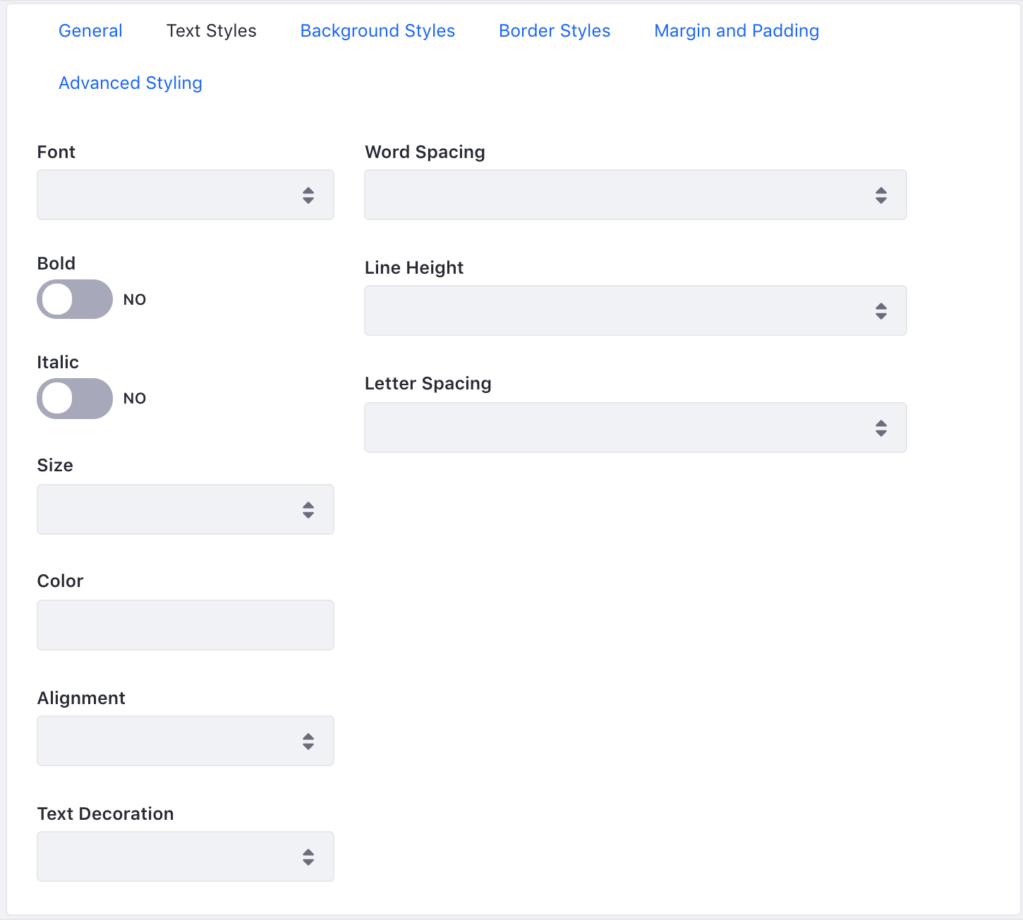 Figure 2: The Text Styles tab lets you configure the format of the text that appears in the widget.