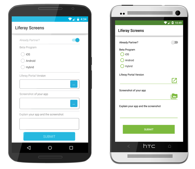 Figure 1: DDL Form Screenlets Default (left) and Material (right) Views.