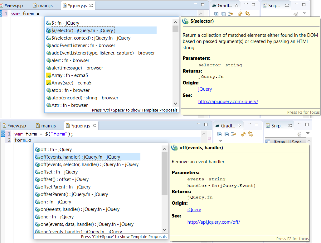 Figure 6: Using the jQuery code assist features gives you the convenience of showing you whats available, and the documentation behind each option.