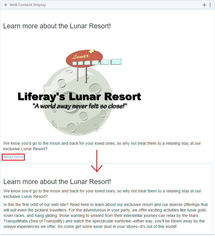 Figure 5: The initial and expanded views for the Lunar Resort News Article. After clicking Read More, youre able to read the full text body.
