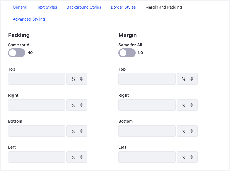 Figure 5: The Margin and Padding tab allows you to specify margin and padding lengths for the sides of your widget.
