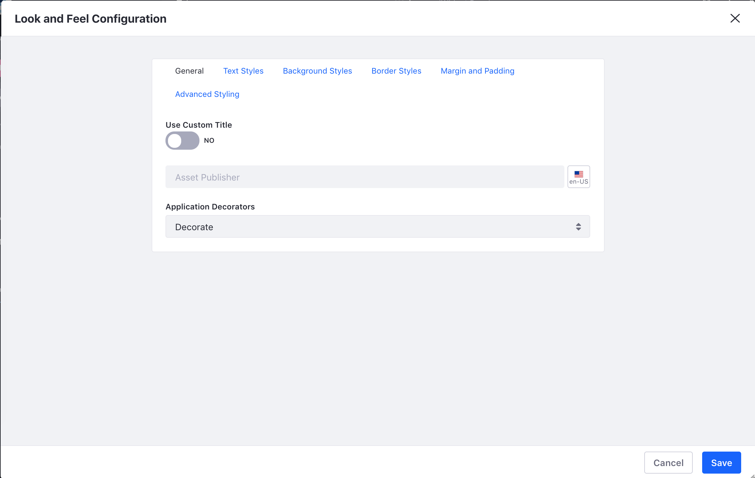 Figure 1: The General tab of the Look and Feel Configuration menu allows you to define a custom widget title, link widget URLs to a specific page, and select the widget contrast option using decorators.