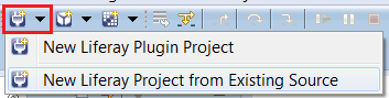 Figure 2.12: As an alternative to clicking File → New to create a new Liferay project from an existing source, you can click the button shown above from Liferay IDEs shortcut bar.