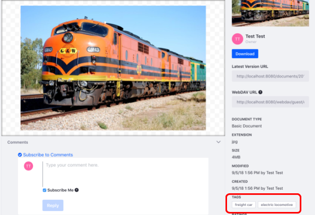Figure 1: The tags freight car and electric locomotive were automatically applied to this image.