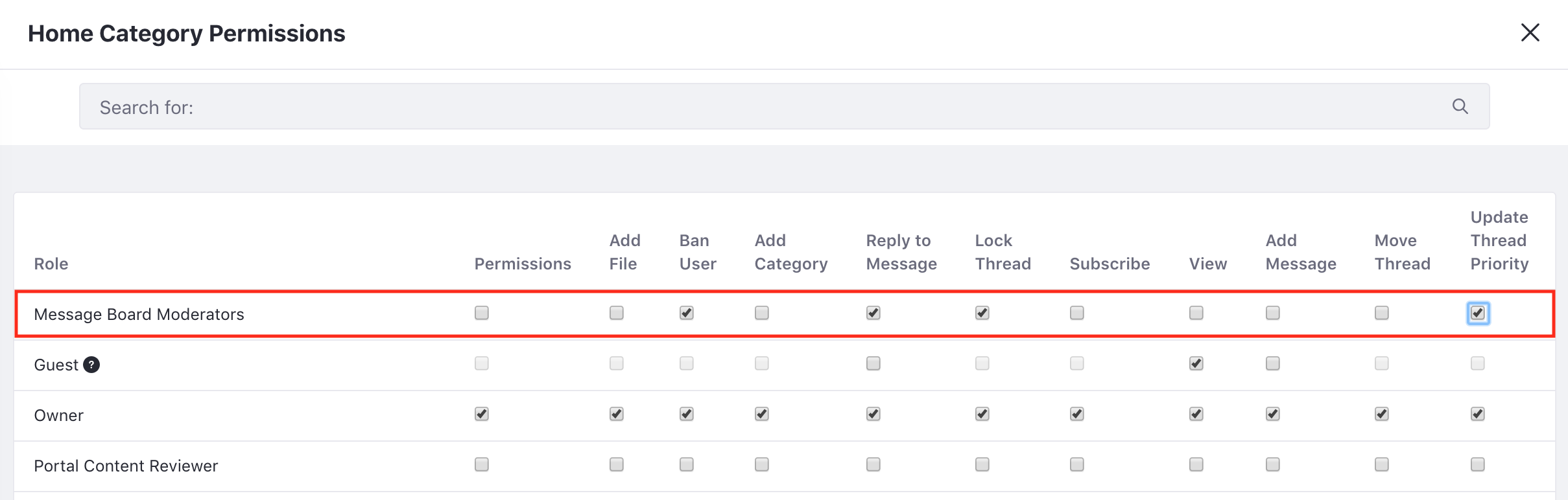 Figure 2: The Lunar Resort Message Board Moderators Site Team has unlimited permissions on the Message Boards application.