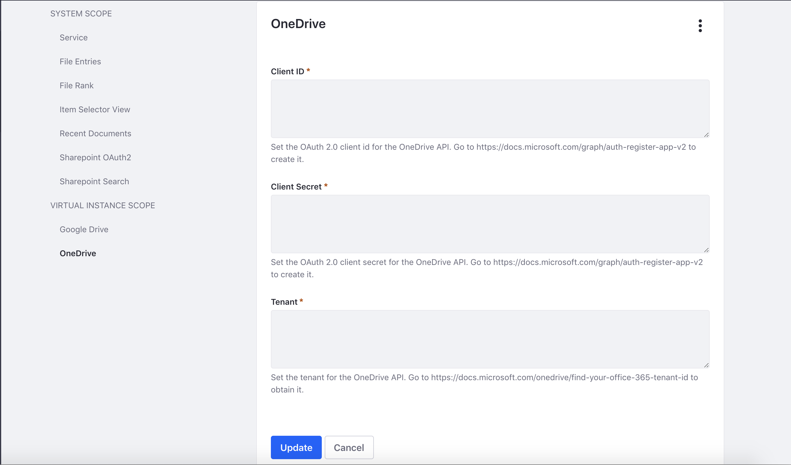Figure 1: Enter your applications client ID, client secret, and tenant.