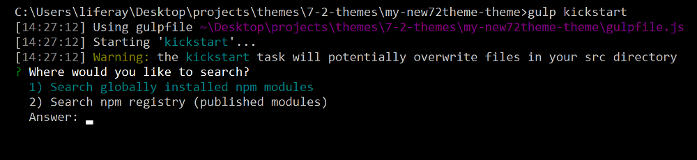 Figure 1: Run the gulp kickstart task to copy a themes files into your own theme.