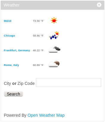 Figure 14.36: Liferays Weather portlet displays basic weather-related information (temperature, conditions) for multiple configurable locations.
