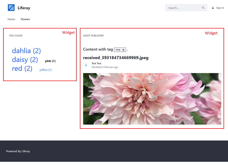 Figure 1: Widget pages offer users functionality. Widgets are organized into a page templates rows and columns. This template has two columns: a smaller left column and larger right column. On this page, users select tags in the Tag Cloud widget and the matching tagged images show the Asset Publisher widget.