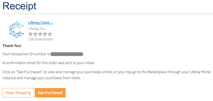 Figure 2: Liferay Marketplace displays your receipt for the LCS client app.