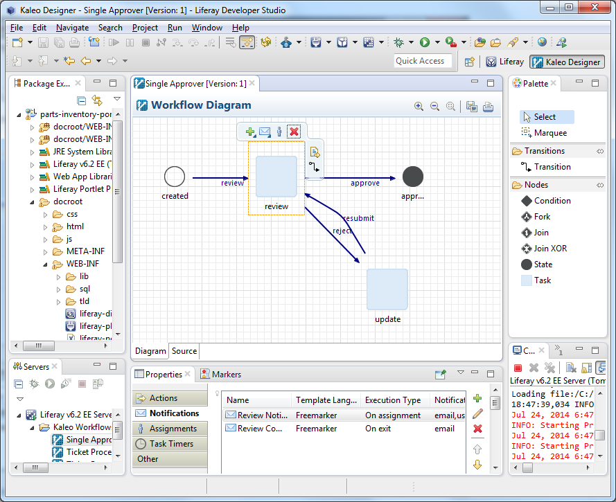Figure 1: Kaleo Designer for Java gives you a powerful environment for designing, modifying, and publishing Kaleo workflows.