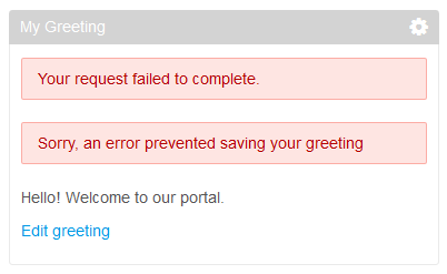 Figure 3: The sample My Greeting portlet shows an error message on failure to process the portlet action.