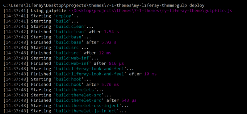 図1： gulp deploy タスクを実行してテーマのファイルをビルドし、アプリサーバーに展開します。