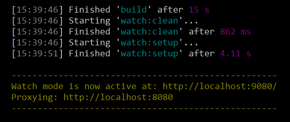 Figure 1: Run the gulp watch task to automatically deploy any changes to your theme.