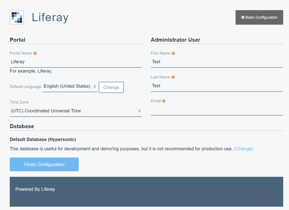 Figure 1: Supply the information for your portal and your portals default administrator user on the Basic Configuration page.