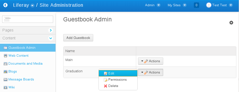 Figure 1: The Guestbook Admin portlet lives in Liferays Control Panel and allows administrators to add, edit, and delete guestbooks and to configure their permissions.
