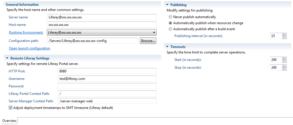 Figure 3: The remote servers configuration editor lets you modify remote settings, specify how resources are published, and set time limits for server operations.