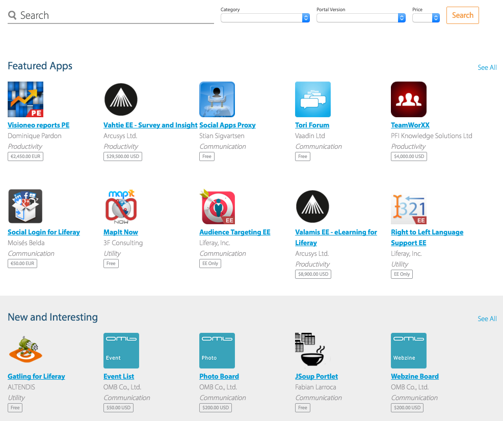 Figure 1: The Liferay Marketplace homepage lets you browse and search for apps.