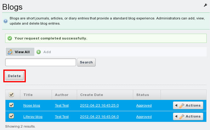 Figure 7.21: The Blogs Administrator portlet lets you delete large sets of
blog entries.