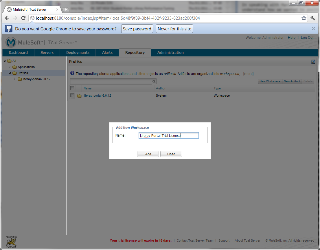 Figure 14.29: Creating a new workspace for Liferay license profile
