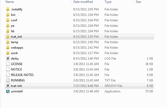 Figure 14.19: The installation directory after copying the tcat\_init folder and tcat-init.groovy into the TcatServer installation directory.