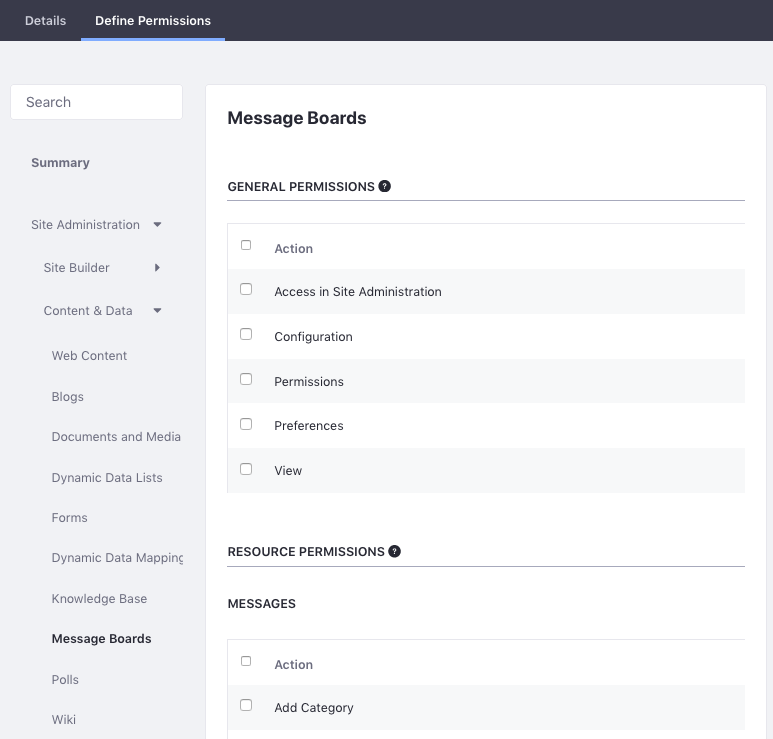 Figure 1: Define the permissions you want to use for the message boards administrators.