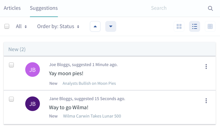 Figure 5: The Suggestions tab in Knowledge Base helps you monitor article feedback and mark progress in addressing feedback.