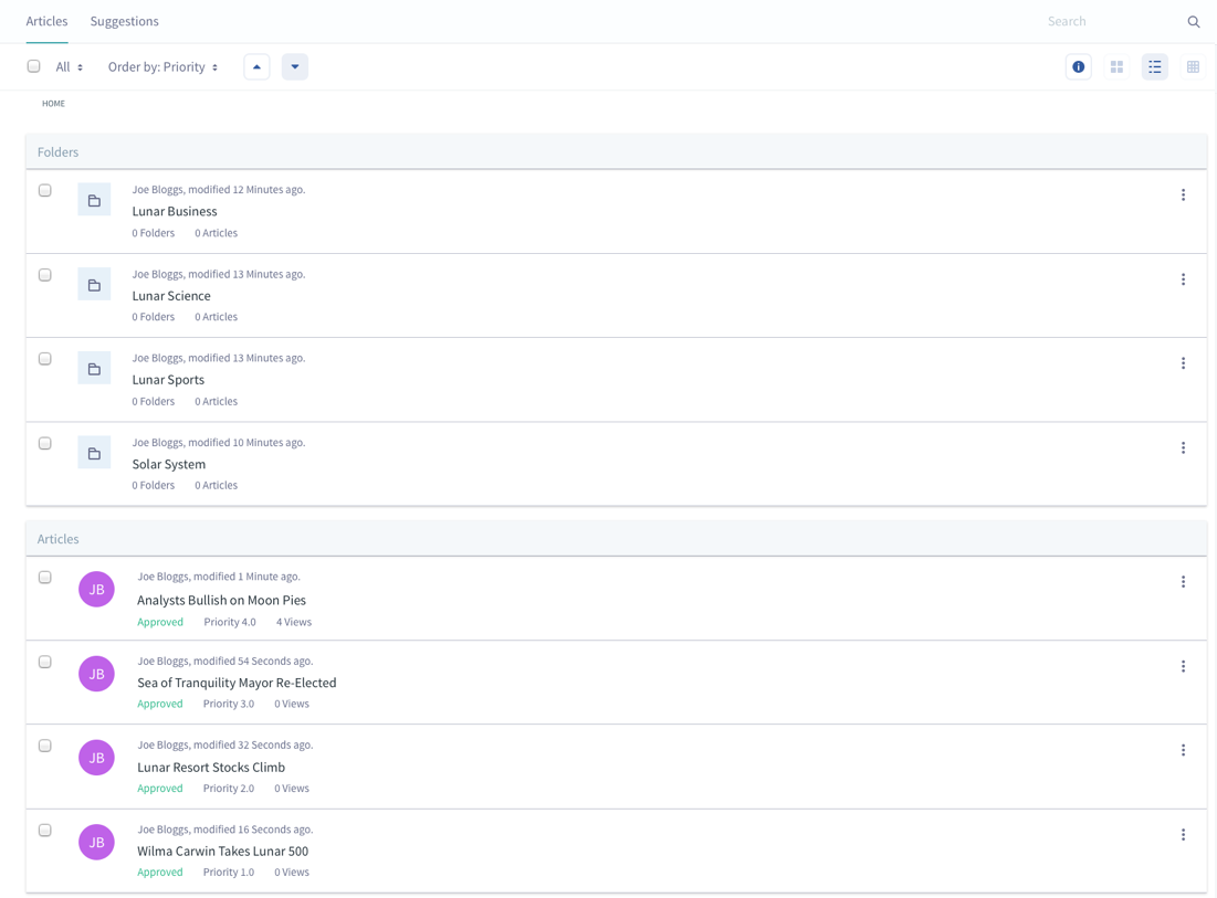 Figure 1: You can manage Knowledge Base articles, folders, and suggestions from the Knowledge Base in Site Administration.
