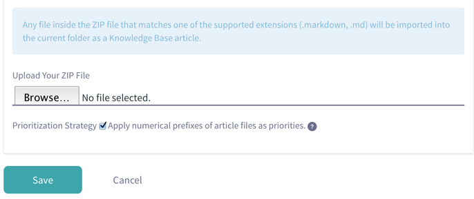 Figure 11: Selecting Add → Import in Knowledge Base brings up the interface for selecting a ZIP file of Markdown source files and images to produce and update articles in your Knowledge Base.