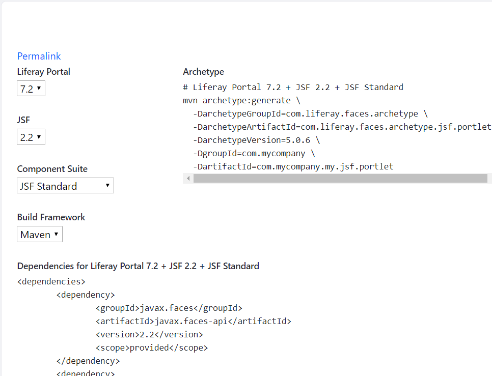 Figure 1: The Liferay Faces site gives you options to generate dependencies for many environments.