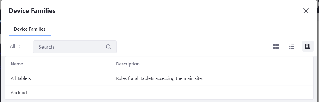 Figure 3: You can select a mobile device family to apply for a Site or page.