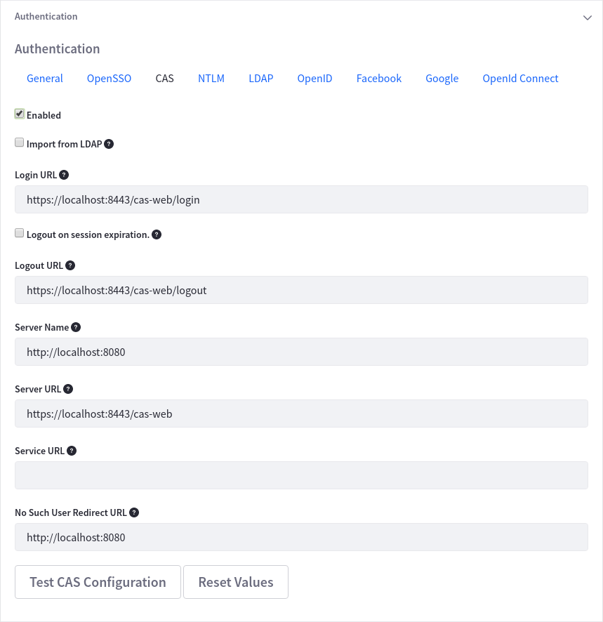Figure 1 shows the CAS tab on the Instance Settings Authentication section before configuration.