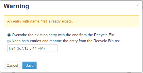 Figure 4.17: The Recycle Bin always scans your site/portal for duplicate file names during the restoration process.