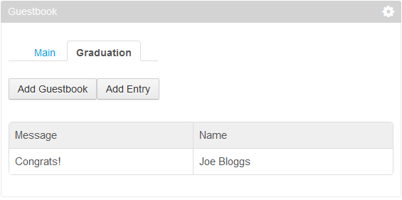 Figure 1: The master view provides the Add Guestbook and Add Entry buttons, allowing a user to navigate to the guestbook and entry views.