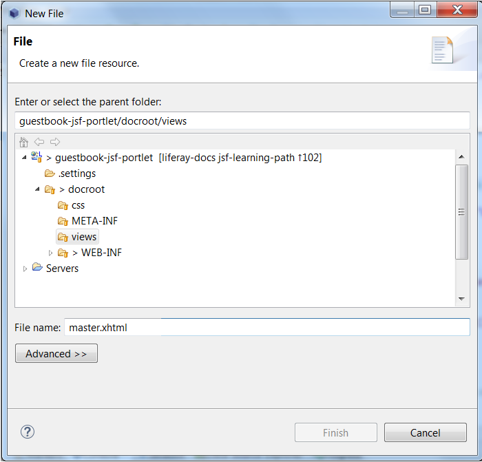 Figure 2: Make sure to specify the full name and extension of the view and click Finish.