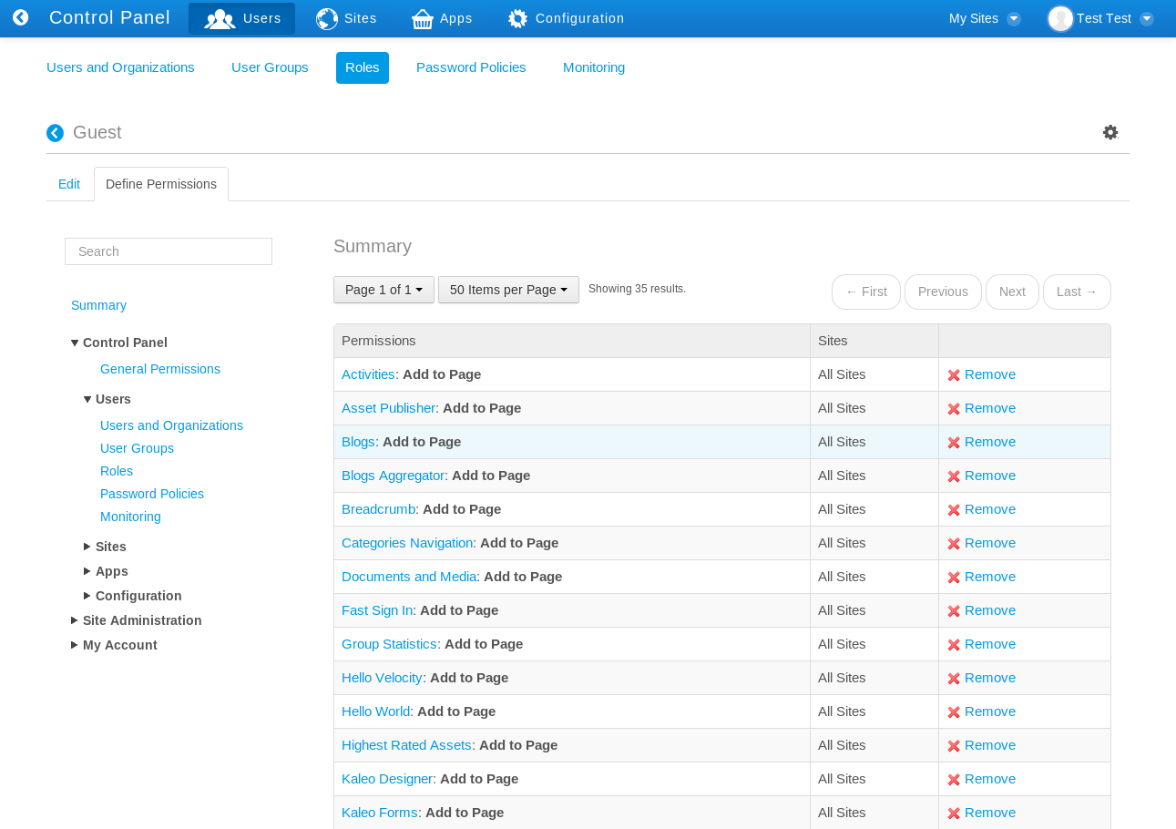 Figure 16.10: When defining permissions on a role, the Summary view provides a list of permissions that have already been defined for the role. The area on the left side of the screen lets you drill down through various categories of portal permissions.