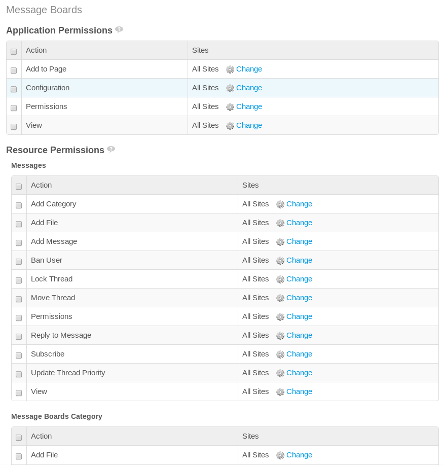Figure 16.11: You can fine-tune which actions are defined for a role within a specific application like the Message Boards.