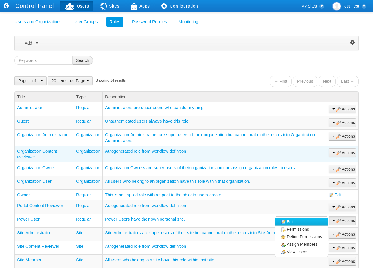 Figure 16.9: To examine all the roles defined for your portal, navigate to the Control Panel and click on Roles.