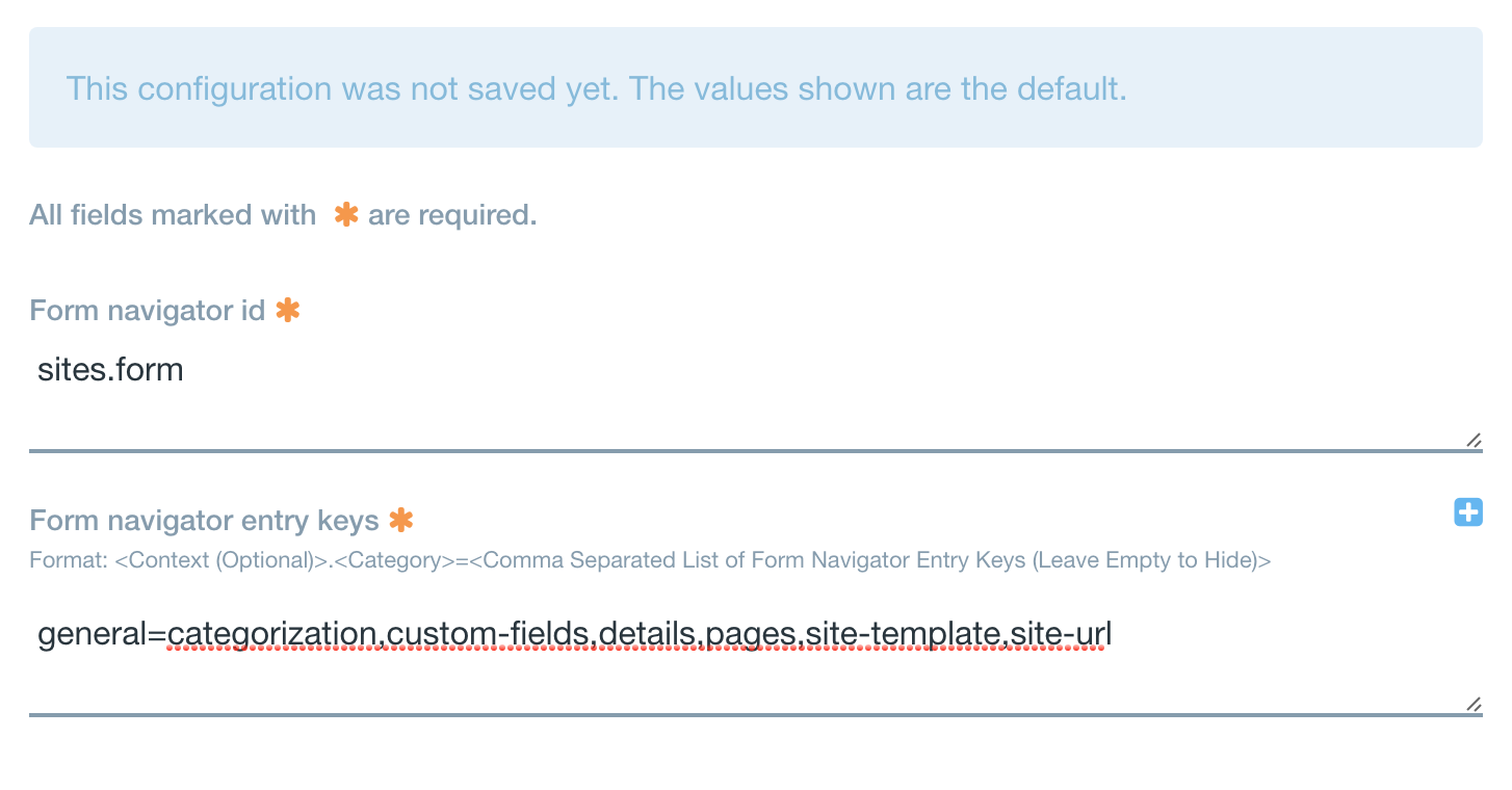 Figure 2: You can hide form categories and sections using the Form Navigator Configuration system setting.