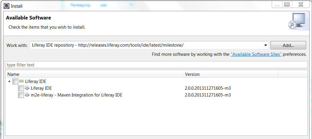 Figure 9.7: You can install the m2e-liferay plugin by searching for software on Liferay IDEs repository.